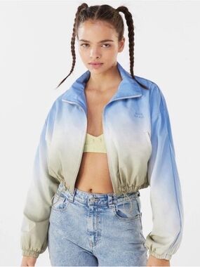 Bershka Women's Cropped Mock Neck Windbreaker Blue Khaki Ombré, Size Small